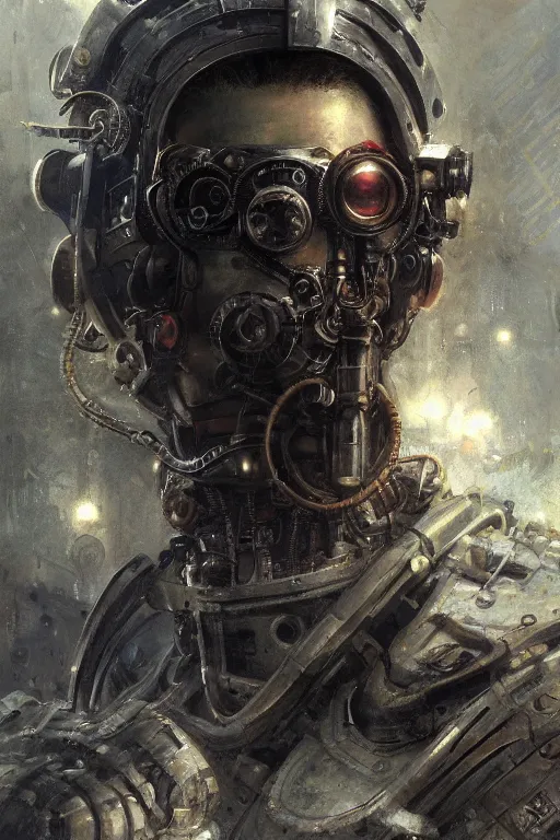 Image similar to a futuristic steampunk engineer with a cybernetic eyepatch, upper body, highly detailed, intricate, sharp details, dystopian mood, sci-fi character portrait by gaston bussiere, craig mullins