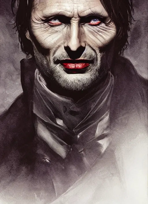 Image similar to Portrait of Mads Mikkelsen as Dracula , the prince of darkness , lord of the vampires ,evil smirk , fangs , marvel comics, dark, intricate, highly detailed, smooth, artstation, digital illustration by Ruan Jia and Mandy Jurgens and Artgerm and Wayne Barlowe and Greg Rutkowski and Frank Frazetta