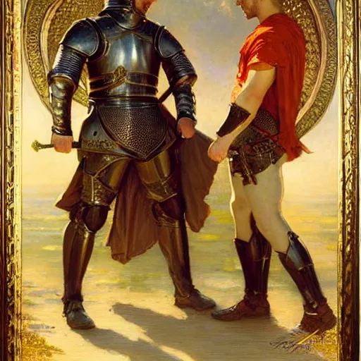 Image similar to attractive fully clothed arthur pendragon confesses his love for his attractive fully clothed male knight. highly detailed painting by gaston bussiere and j. c. leyendecker 8 k