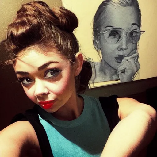 Image similar to sarah hyland making a duckface selfie, art by norman rockwell