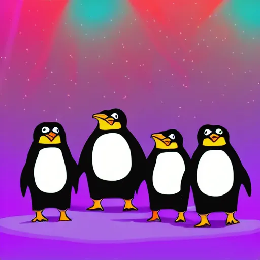 Image similar to A pack of penguins dancing in a rave party, illustration, artsation, smooth, official