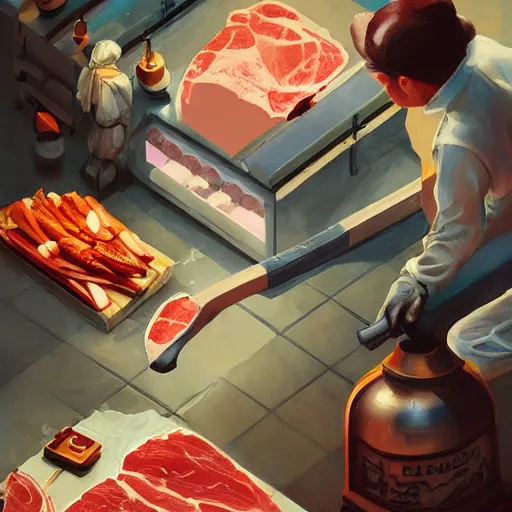 Prompt: low angle view of a butcher working,, asymmetrical, organic painting, matte painting, bold shapes, hard edges, street art, trending on artstation, by huang guangjian and gil elvgren and sachin teng, from below, worms - eye - view, close - up!!!!! low angle!!!!