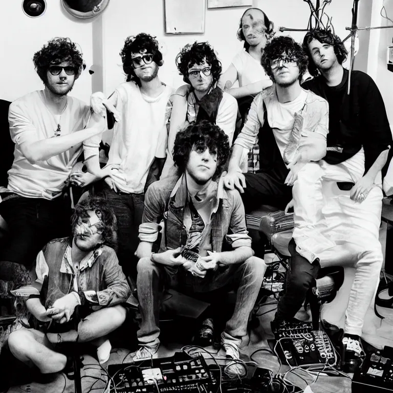 Prompt: MGMT playing and experimenting in a large great vibe pop rock studio with futuristic and retro synths jamming out making tunes and music. MGMT band behind the scenes photo.