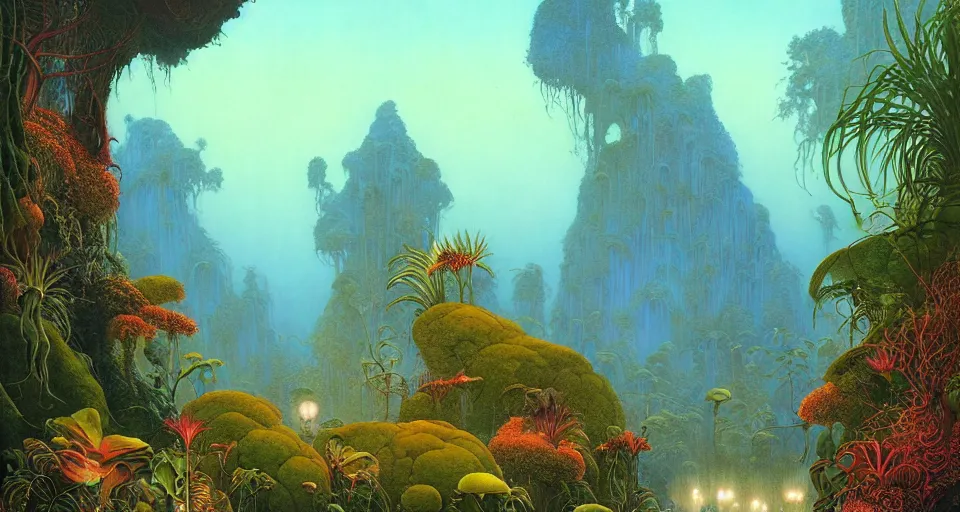 Image similar to beautiful rendering of exotic plants by daniel merriam and karol bak and martin johnson heade, xenoplanet by roger dean and moebius, at night, ( ( ( misty atmosphere ) ) ), ( soft light ), mantra rendering, matte painting, high detailed, 4 k, trending on artstation