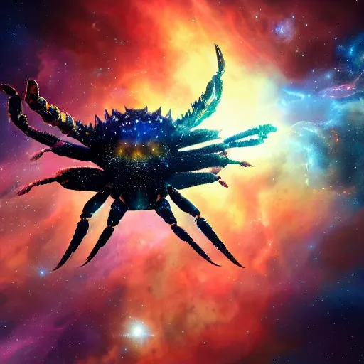 Prompt: a giant crab constellation flying through a nebula by WLOP and tony sart, fantasy art, 4k, HDR, photorealistic, 8k, trending on artstation