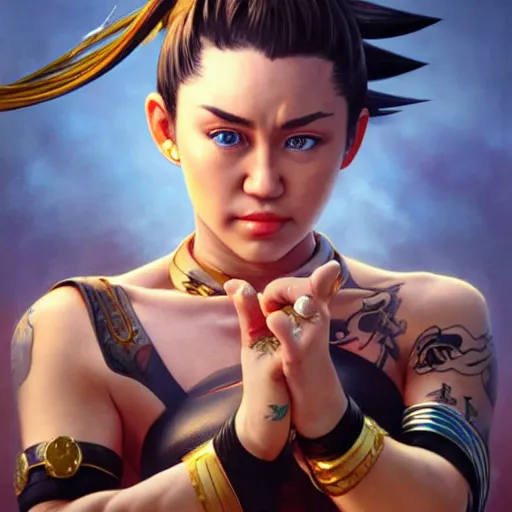 Image similar to miley cyrus as chun li from street fighter, 4 k, ultra realistic, detailed focused art by artgerm and greg rutkowski and alphonse mucha