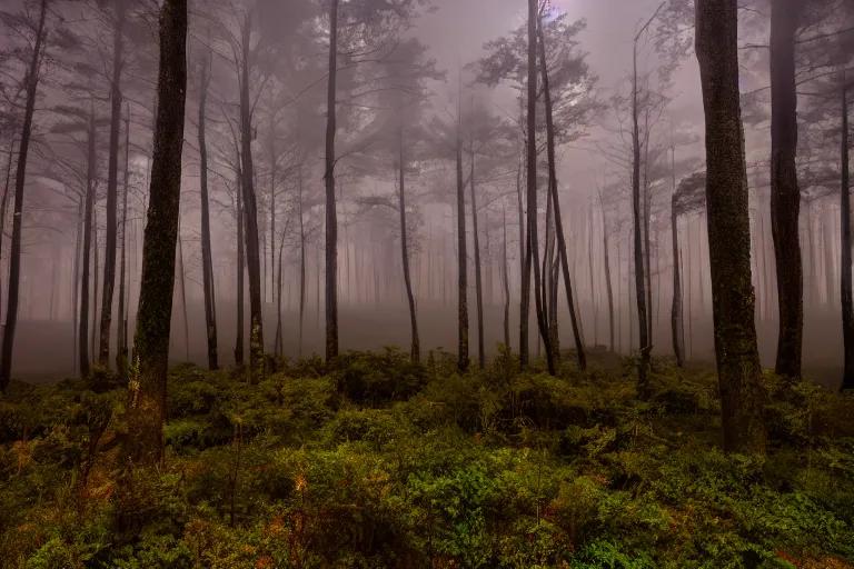 Prompt: An ultrawide cinematic shot of a forest at night with fog and lightning.