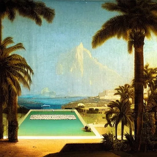 Image similar to The biggest palace ever made, thunderstorm, greek pool, beach and palm trees on the background major arcana sky, by paul delaroche, magazine photo from 2007, hyperrealistic 8k, very detailed