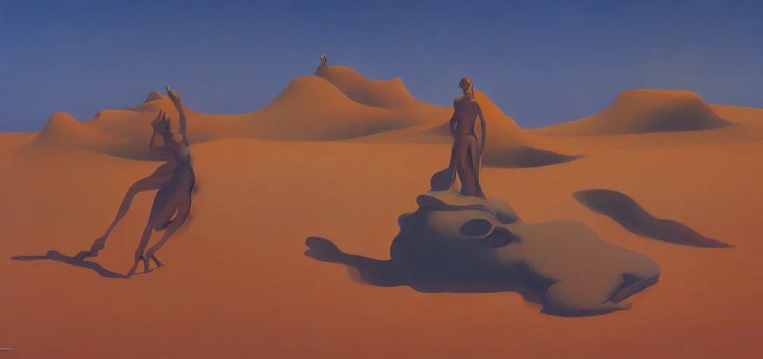 Prompt: a golden salt flat surrounded by dunes with a ruined statue of a woman emerging from the blue sand, illustrated, epic composistion,, edward hopper and zdzislaw beksinski, volumetric lighting, surreal flat colors, concept art
