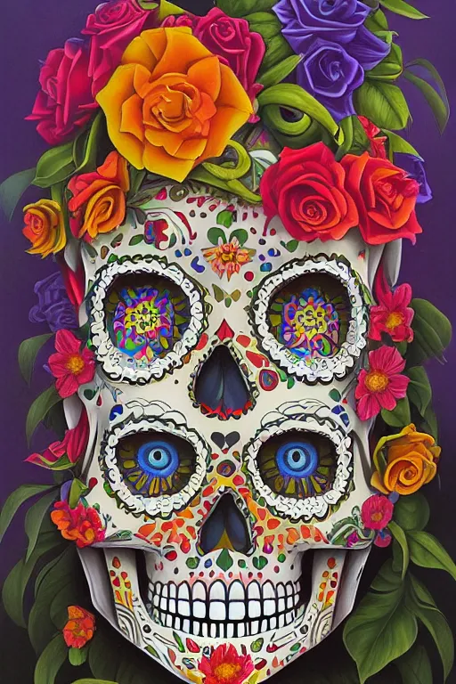 Image similar to illustration of a sugar skull day of the dead girl, art by vladimir kush