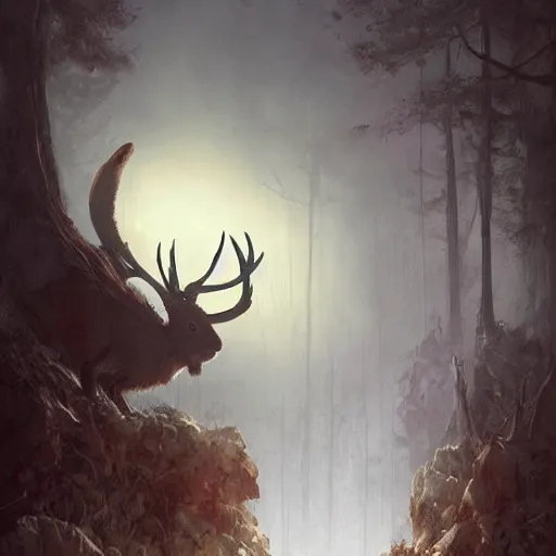 Image similar to a jackalope, jackrabbit with the antlers of a deer bigger than a building. Menacing. Soulless eyes. Monster. Eldritch. By Greg Rutkowski. By Marc Simonetti. C. M. Kosemen. Masterpiece. Award winning artwork. Cgsociety