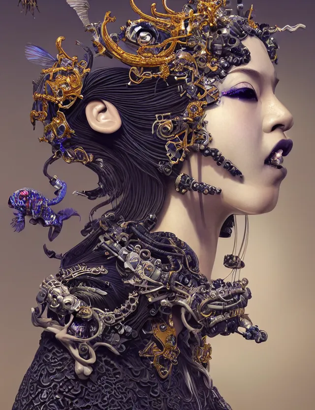 Image similar to 3 d goddess close - up profile portrait with crown, ram skull. beautiful intricately detailed cyberpunk japanese crow kitsune mask and clasical japanese kimono. betta fish, jellyfish phoenix, bio - luminescent, plasma, ice, water, wind, creature, artwork by tooth wu and wlop and beeple and greg rutkowski