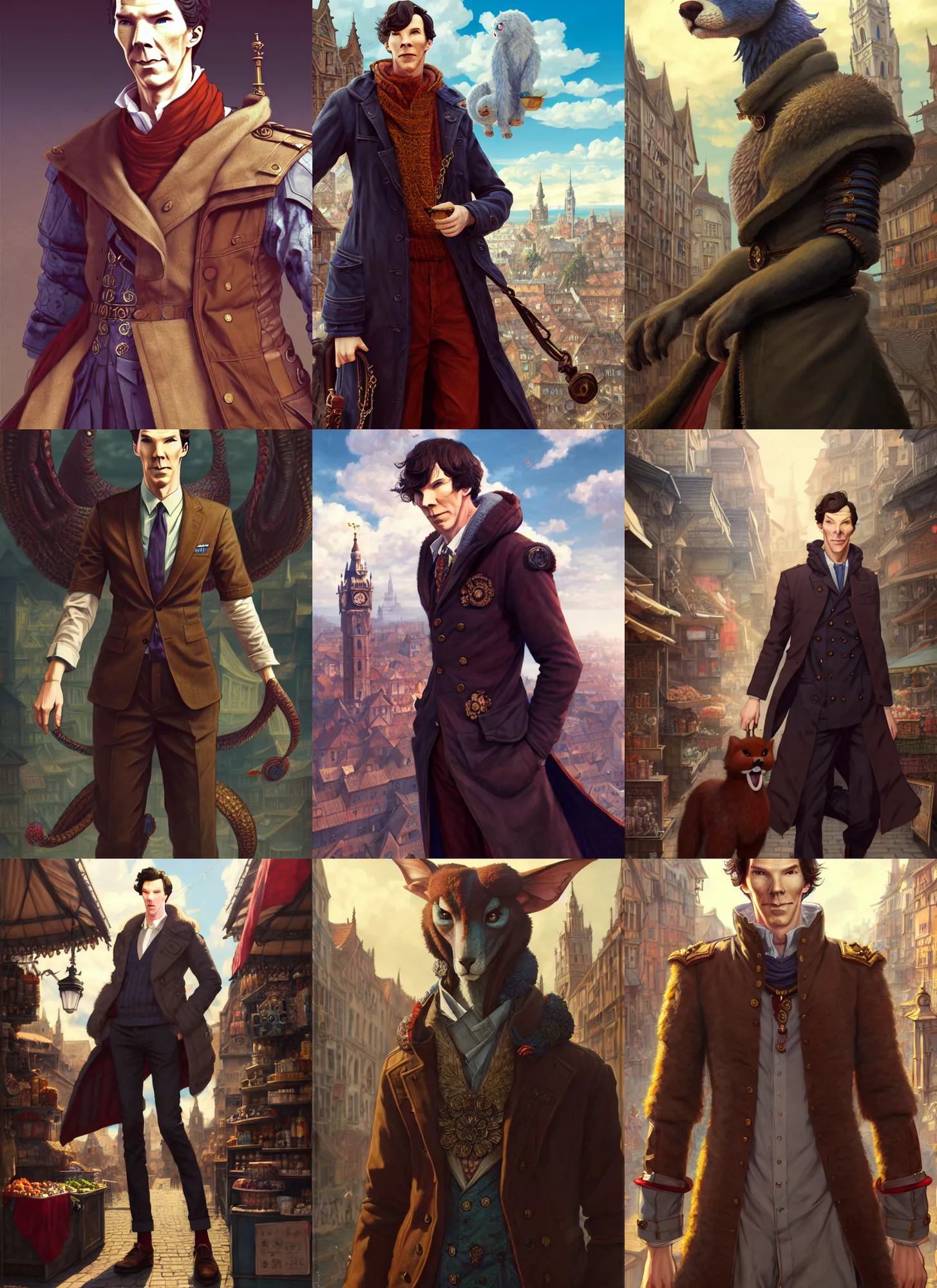 Prompt: full body character fursona portrait of benedict cumberbatch with gorgeous detailed eyes in the marketplace in the sky, color page, tankoban, 4 k, tone mapping, doll, akihiko yoshida, james jean andrei riabovitchev marc simonetti, yoshitaka amano, h. hydrochaeris