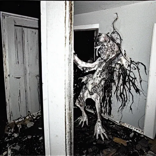 Image similar to 1 9 9 3, disposable camera, flash, old abandoned house, mutant creature standing, meat, ooze, slime, veins, wet