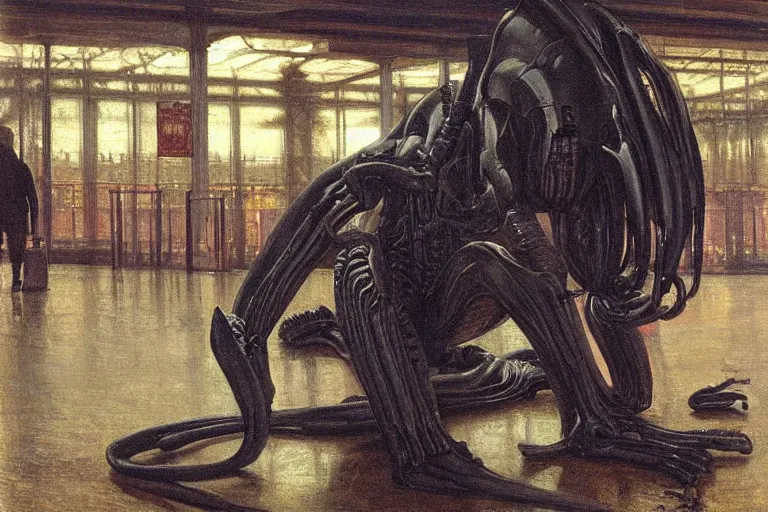 Prompt: sad portrait of a xenomorph in new york airport by sir john everett millais, photorealistic, hyperdetailed, ethereal, masterpiece, oil painting