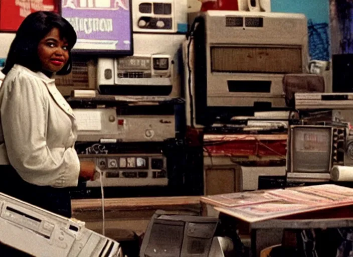 Image similar to cinematic shot of octavia spencer in an small used electronics store next to an old electronic keyboard, iconic scene from the paranoid thriller sci fi film directed by stanley kubrick, anamorphic cinematography, beautiful composition, color theory, leading lines, photorealistic, volumetric lighting