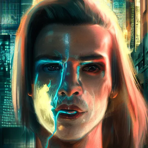 Prompt: cyberpunk, closeup portrait of a cyberpunk entertainer, hologram, blond hair, grey eyes, sadistic smile, delicate jaw, dramatic light, city background, sunset, dystopian setting, high contrast, sharp, neuromancer, peter riviera, painted by stanley lau, painted by greg rutkowski, painted by stanley artgerm, digital art, trending on artstation