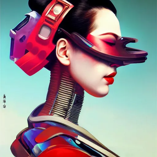 Prompt: cyberpunk geisha android robot portrait painting, medium shot, asymmetrical, profile picture, organic painting, sunny day, matte painting, bold shapes, hard edges, street art, trending on artstation, by huang guangjian, ash thorp and gil elvgren and sachin teng