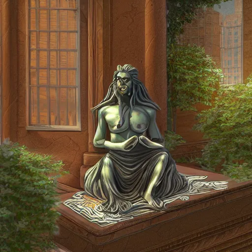 Prompt: an eldritch deity sitting on a balcony, highly detailed digital painting