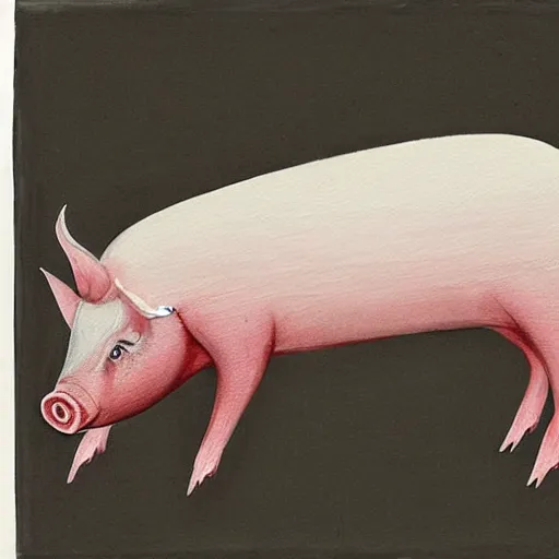 Prompt: “pig paintings and pig sculptures in a pig art gallery, pork, ikebana white flowers, white wax dripping, squashed raspberry stains, charcoal on paper, by munch and Dali”