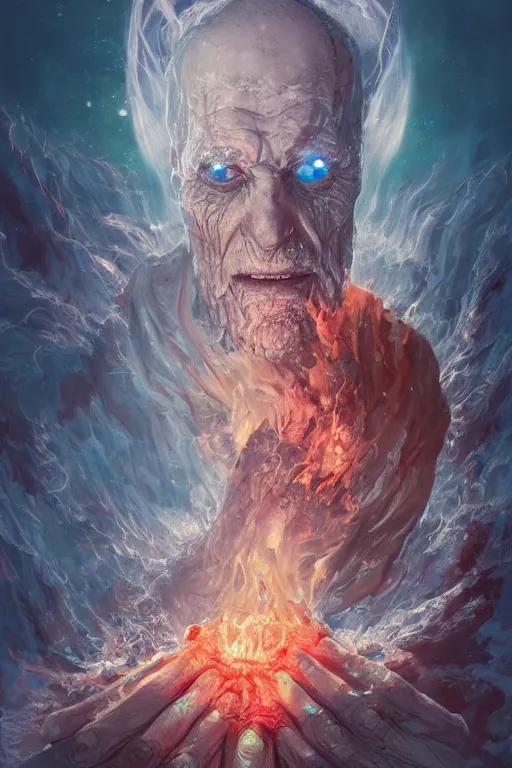 Image similar to the look of an elderly person, necromancer, witch - doctor covered with ice exploding into fire, imperfections, holding electricity highly detailed, high contrast, light reflection, trippy, nebula, trending on artstation by artgem, by peter mohrbacher, by wlop, by ruan jia