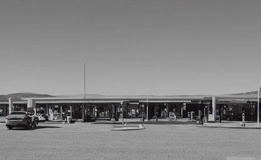 Prompt: cinematic still screenshot of the port byron travel plaza in the middle of nowhere, shot by saul leiter, camera height 7 feet, moody cinematography, 2 4 mm anamorphic lens