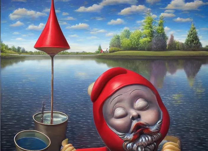 Image similar to a garden gnome sailing in a bucket, background of a reflective pond on a sunny day with dramatic clouds, an ultrafine detailed painting by mark ryden, trending on deviantart, pop surrealism, whimsical, lowbrow, joyous, perfect symmetrical face