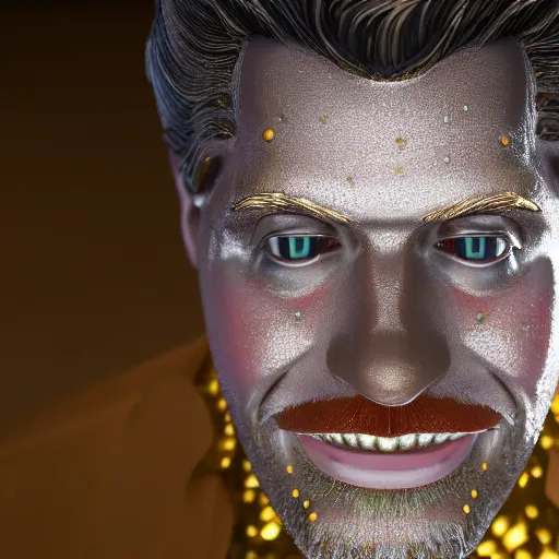 Image similar to A still of Ronald McDonald surrounded by gold and diamonds, Award-winning, photograph, 3d render, unreal engine, 4k detailed