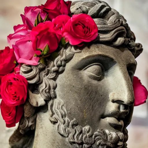 Image similar to portrait of a greek statue covered in roses