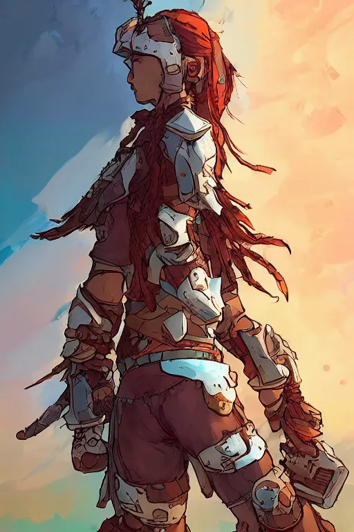 Image similar to combination suit armor aloy horizon forbidden west horizon zero dawn robot ninja mask helmet backpack tribal, art gta 5 comics, official fanart behance hd artstation by jesper ejsing, by rhads, makoto shinkai and lois van baarle, ilya kuvshinov, ossdraws radiating a glowing aura cgi rtx 2 0 2 2