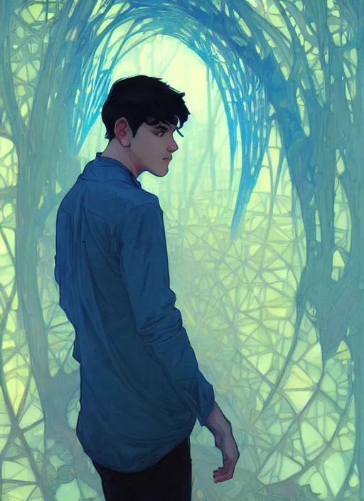 Image similar to handsome young man with short black hair, male, dressed in blue, looking down, half body shot, arms down, path traced, highly detailed, high quality, digital painting, posuka demizu, alphonse mucha, alena aenami