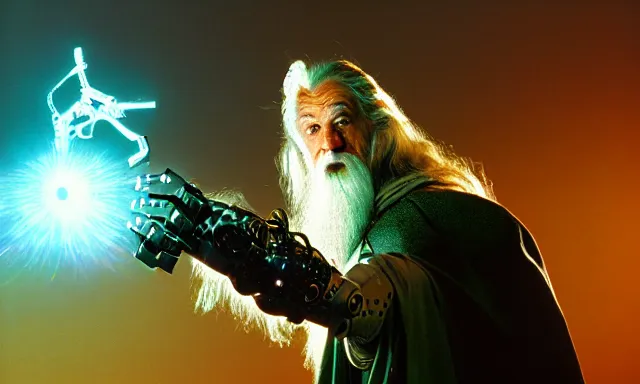 Prompt: cyber - gandalf with large robotic arm and fingers battling the balrog epic 3 5 mm photograph