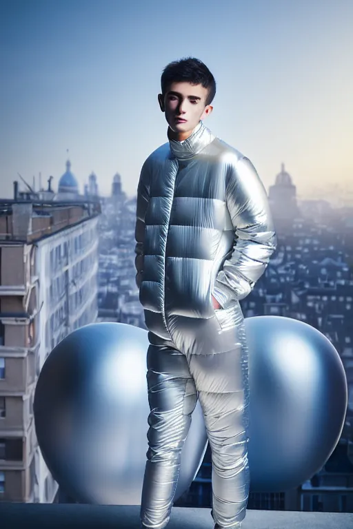 Image similar to un ultra high definition studio quality photographic art portrait of a young man standing on the rooftop of a british apartment building wearing very soft baggy inflated padded silver iridescent pearlescent clothing. three point light. extremely detailed. golden ratio, ray tracing, volumetric light, shallow depth of field. set dressed.