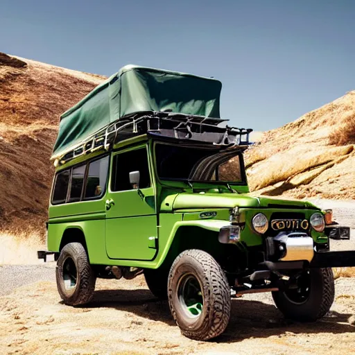 Image similar to closeup of a green Toyota Fj43 build in 1981, traveling through the mountains, black roof, with a roof rack, detailed, 8K, octane render, 8K,