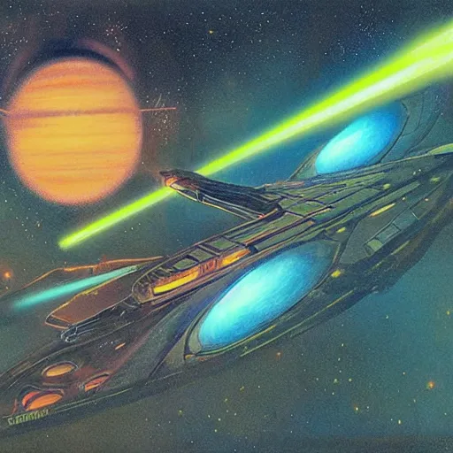 Prompt: starship laser battle, nebula, retro, 1960's sci fi, concept art, style of gerald brom and jean giraud,