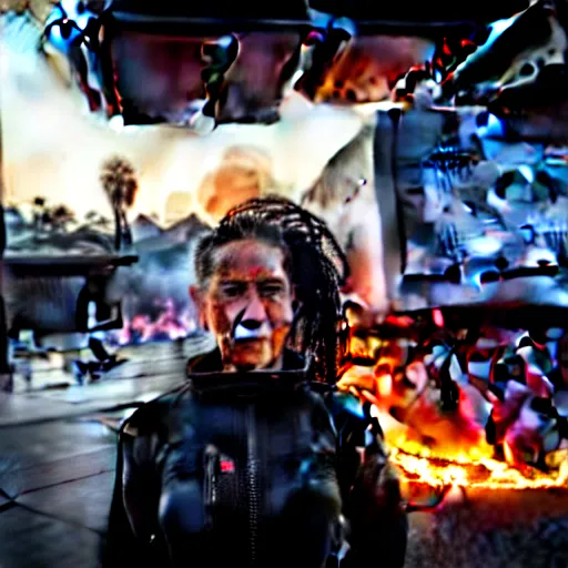 Image similar to Candid extreme wide shot of a poor techwear mixed woman with short hair and tattoos outside of a futuristic Los Angeles on fire, a police MRAP on fire, cyberpunk, 4k, extreme long shot, desaturated, full shot, action shot, motion blur, depth of field, sigma 85mm f/1.4, high resolution, 4k, 8k, hd, full color, award winning photography, war photography