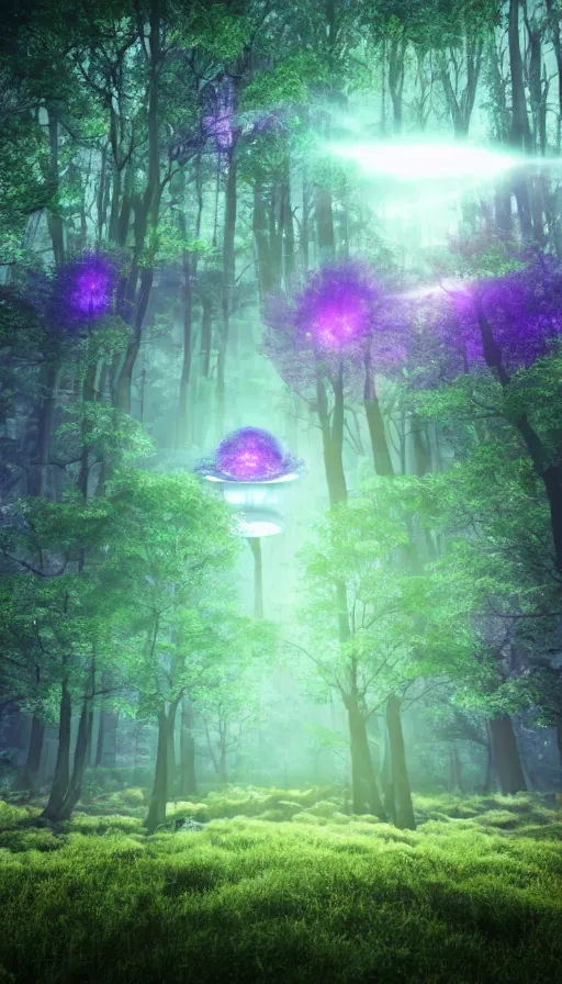 Image similar to hyper realistic 3 d render of a future sci - fi ancient god on the middle of a forest with a lot of purple trees holding a portal that's about to explode, volumetric lighting, sunny day