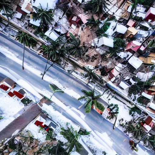 Prompt: winter and snow street ghana coconut tree down down accra osu aerial illustration