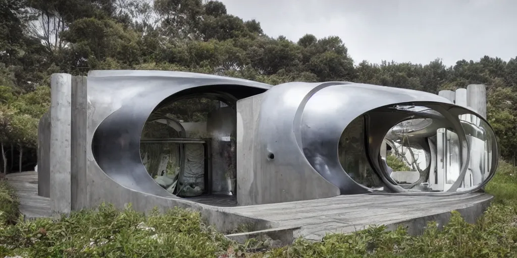 Prompt: futuristic residence, made of corrogated steel half tubes