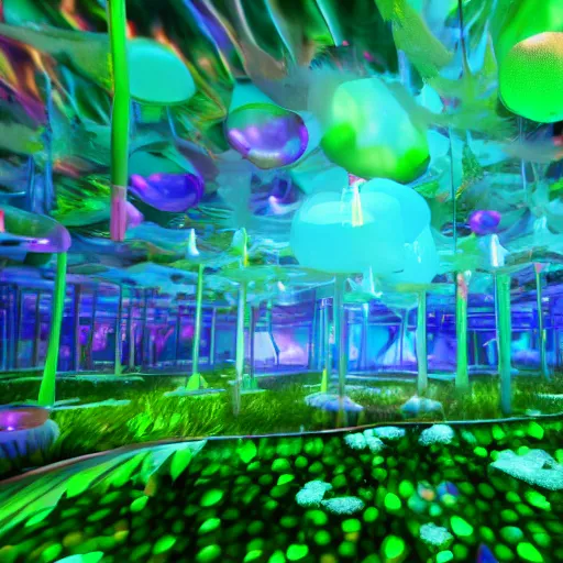 Image similar to jello Mushrooms covering the inside of prismatic jungle, fairy dust in the air, unreal engine