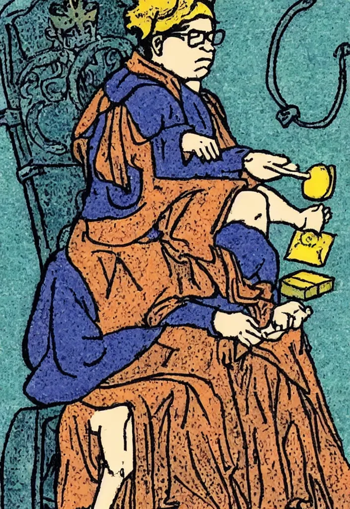 Image similar to Yann LeCun sitting on the throne on a tarot card, illustrated on the Rider–Waite tarot.