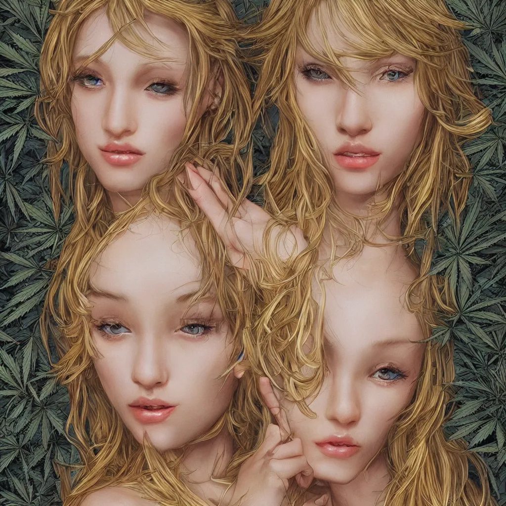 Image similar to ultra-realistic high details digital art of very beautiful blonde girl wering short dress made marijuana by Ayami Kojima