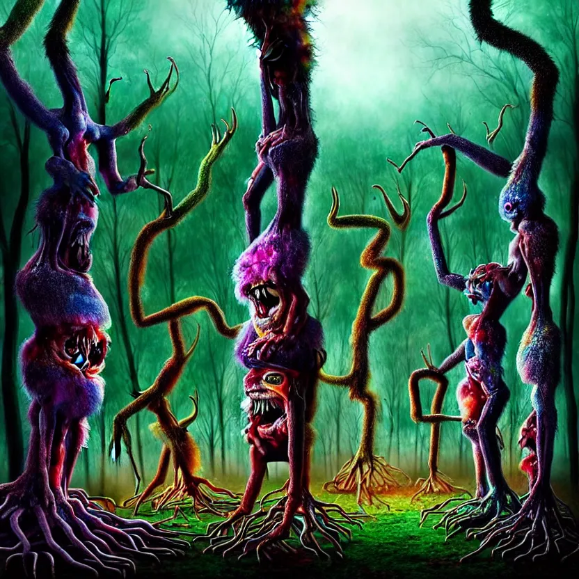 Prompt: an orgy of colorful, beautiful flesh - eating giant timikawas with rainbow fur eating terrified humans, in a whimsical forest with melting trees, nightmare scene, supernatural, highly detailed, digital art creepy, terrifying, david cronenberg