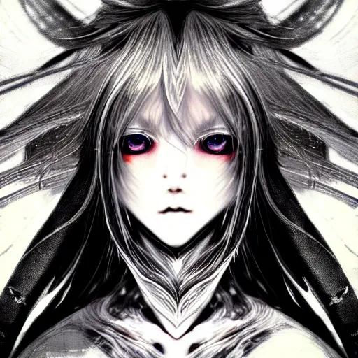 Image similar to Yoshitaka Amano blurred and dreamy illustration of an anime girl with wavy white hair and cracks on her face wearing Elden ring armour with the cape fluttering in the wind, abstract black and white patterns on the background, noisy film grain effect, highly detailed, Renaissance oil painting, weird portrait angle