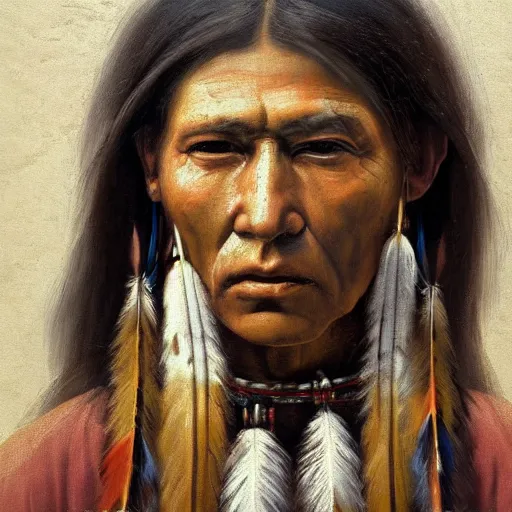 Image similar to renaissance portrait painting of a native american, artstation