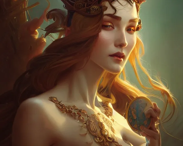 Image similar to anthropomorphic personification of luck, deep focus, d & d, fantasy, intricate, elegant, highly detailed, digital painting, artstation, concept art, matte, sharp focus, illustration, hearthstone, art by artgerm and greg rutkowski and alphonse mucha