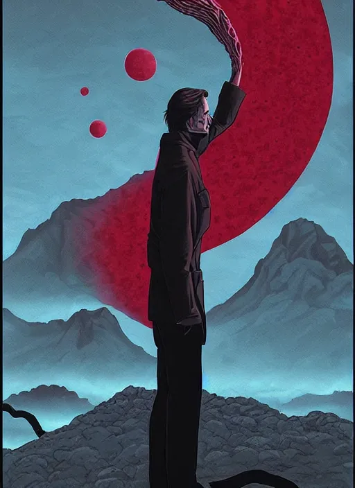 Image similar to Twin Peaks movie poster artwork by Michael Whelan and Tomer Hanuka, Rendering of Kyle MacLachlan gazing at the Blood moon tentacles, from a scene from Twin Peaks, clean, full of detail, Matte painting, trending on artstation and unreal engine