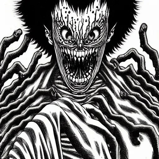 Prompt: manga panel of absolute horror abomination horror manga by junji ito and kentaro miura, black and white, highly detailed on small details,