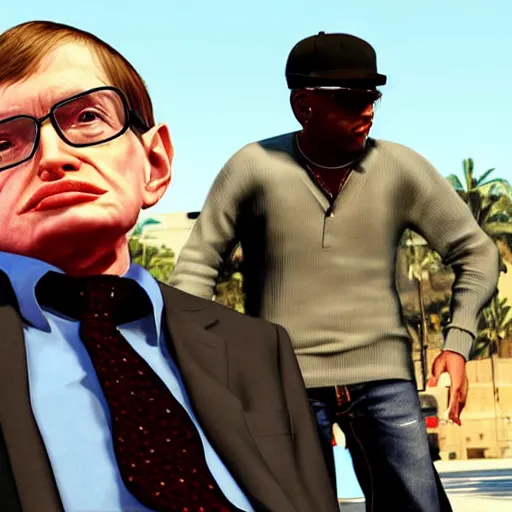 Prompt: stephen hawking as a ganster in gta v, rolling with the crips, gold jewelry, bling bang