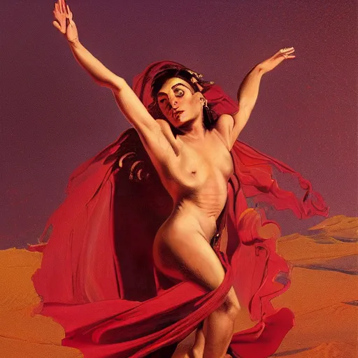 Image similar to Silk sheet desert ecstasy Bedouin under crimson azure diamond sky, in the style of Frank Frazetta, Jeff Easley, Caravaggio, extremely clear and coherent, clear lines, 8K revolution